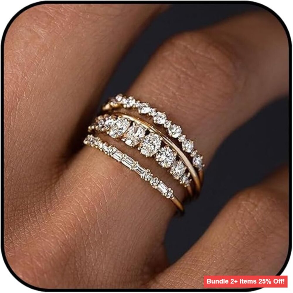 Gold Rhinestone Stacking Ring Set, Size 9, Alloy Metal, Wedding Prom Jewelry
